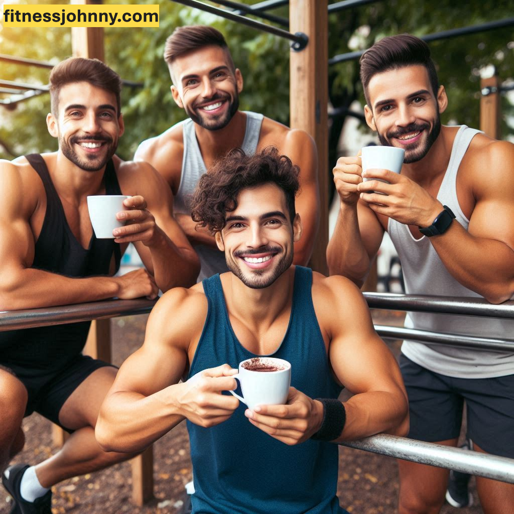 Grupo de chicos calistenicos tomando un buen cafe