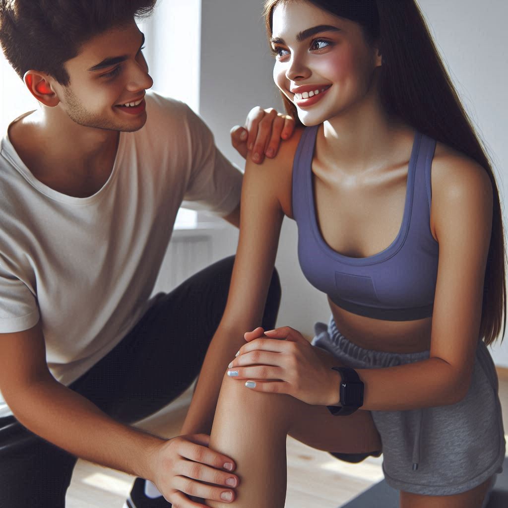 ragazza facendosi vedere il ginocchio da un fisioterapista