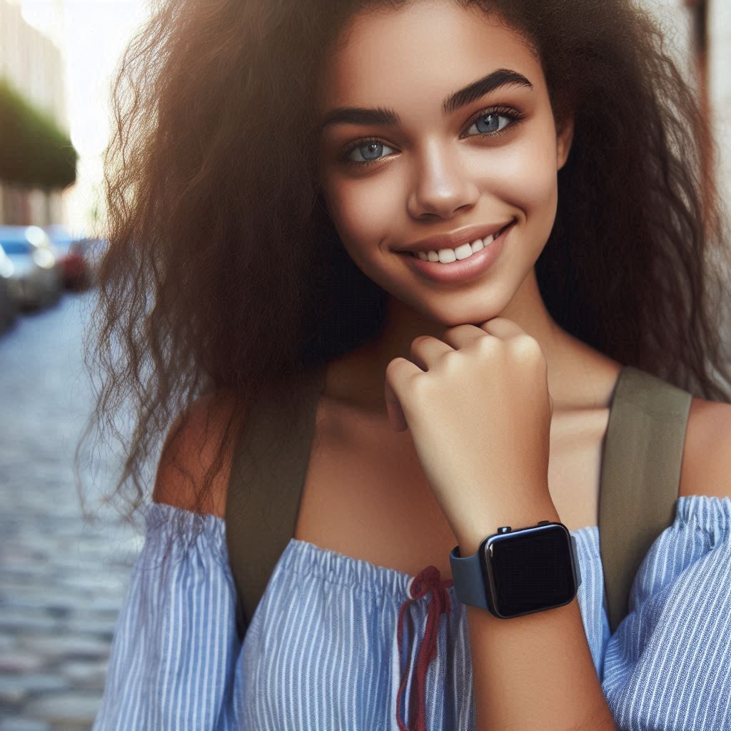chica hermosa con su smartwatch