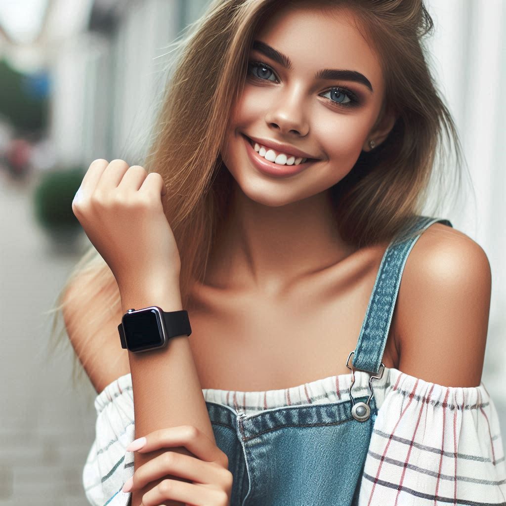 ragazza sorridendo con il suo smartwatch